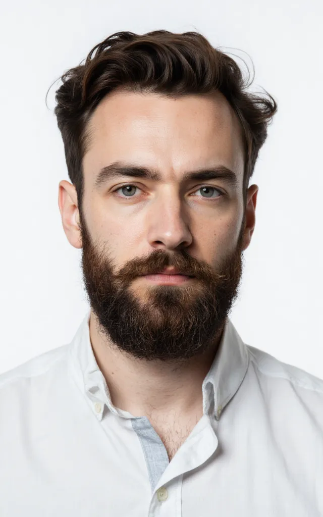 A French male model with a Full beard, wearing a shirt, against a white background, in a front   facing bust portrait